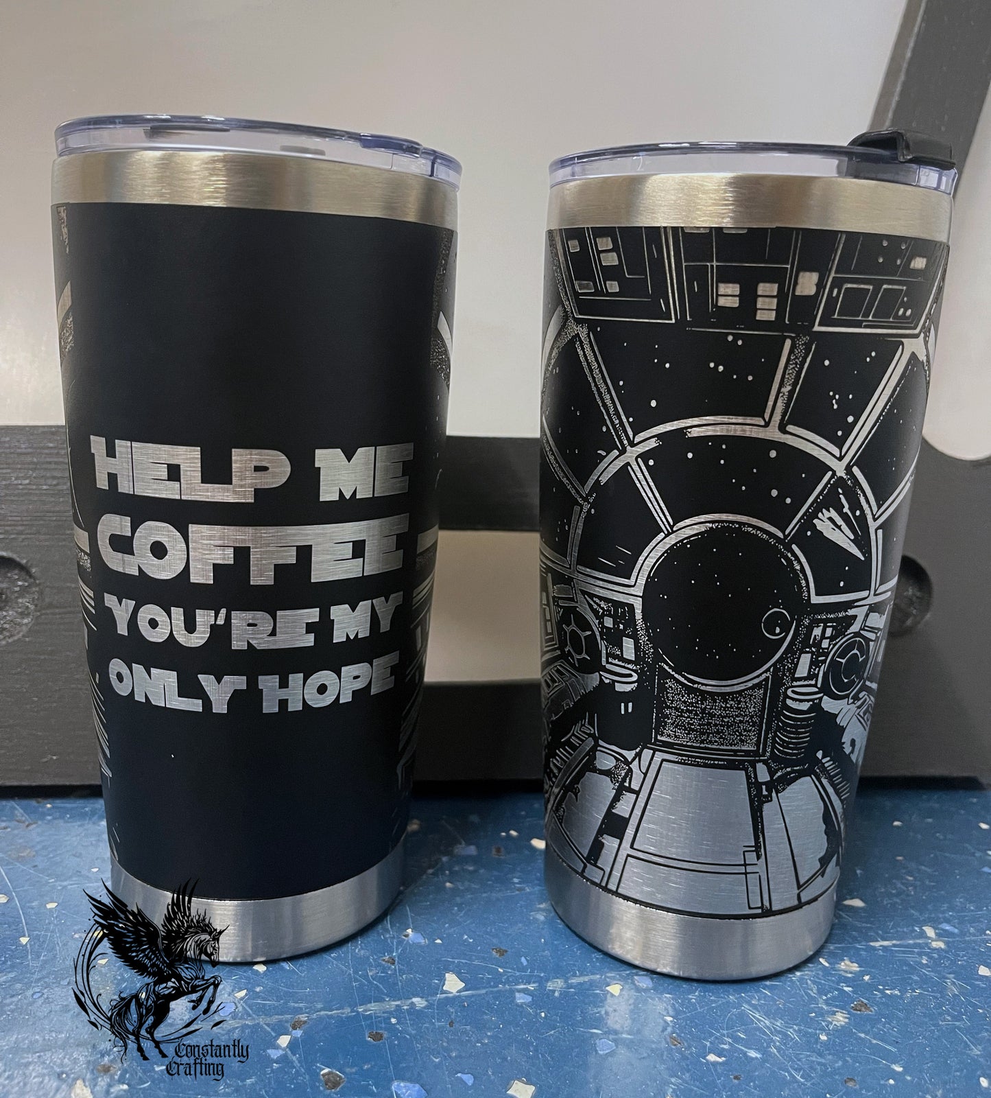 Help me coffee you're my only hope. Galactic 20oz tumbler.