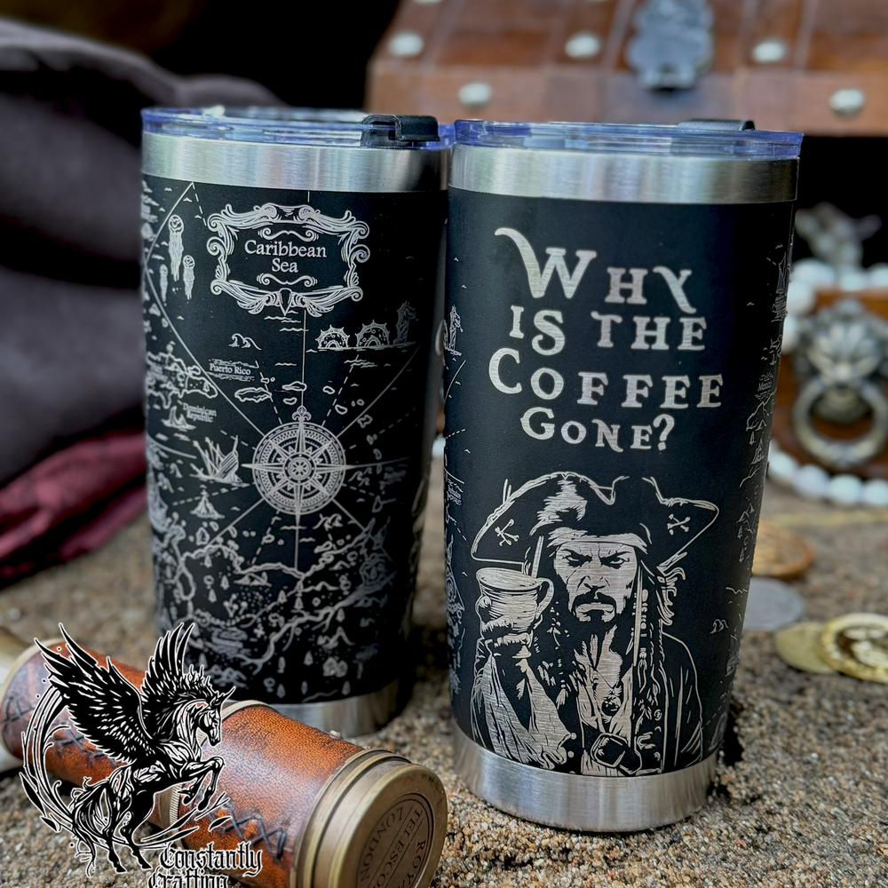 Why is all the Coffee Gone? Pirates and a map of the Caribbean. 20oz Tumbler