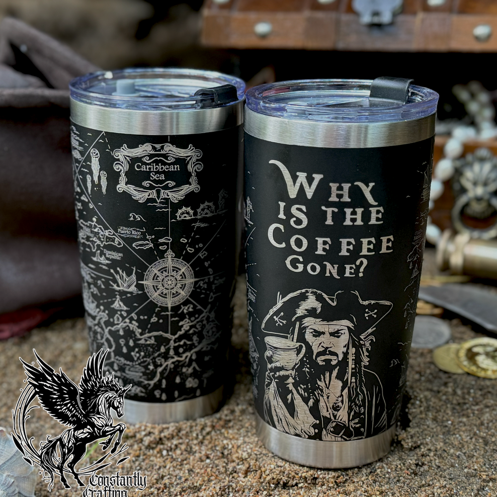 Why is all the Coffee Gone? Pirates and a map of the Caribbean. 20oz Tumbler