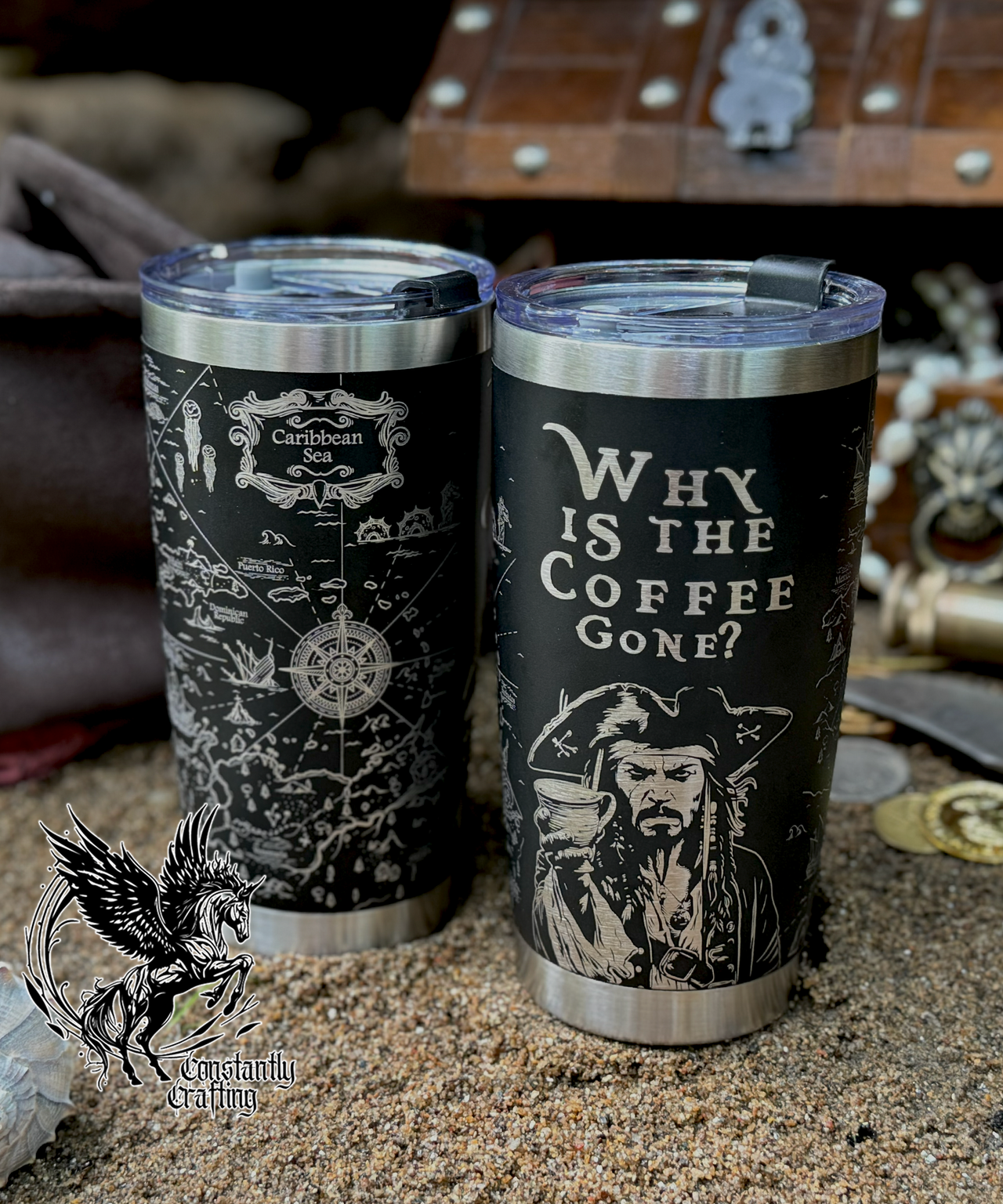Why is all the Coffee Gone? Pirates and a map of the Caribbean. 20oz Tumbler