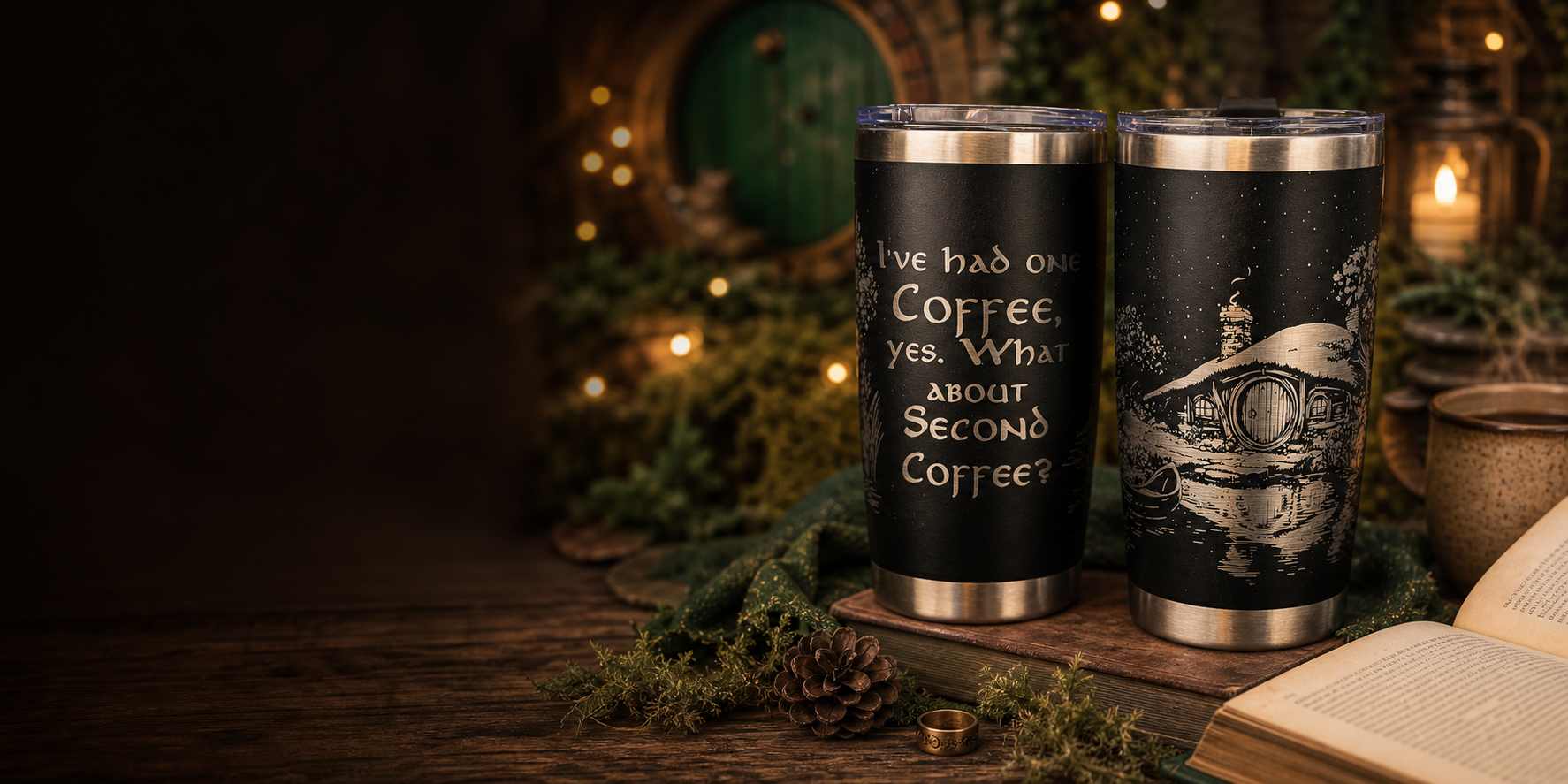 Laser engraved bookish and coffee-themed tumblers in a cozy reading nook